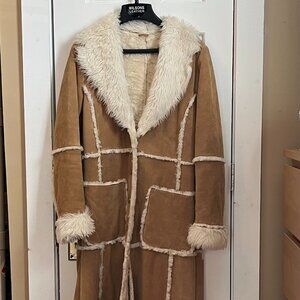 Wilson's Leather Maxima Long Tan Suede Leather Coat with Faux Fur size Small